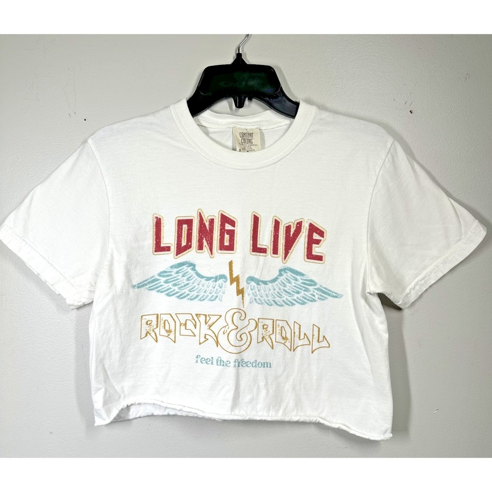 Long Live Rock & Roll Crop Top Womens T-Shirt 100% Cotton Small White Tee